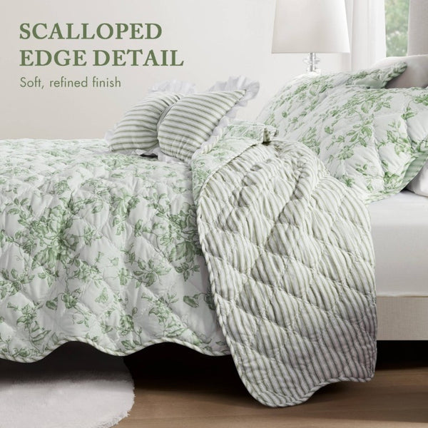 English Elm 4 Piece King Quilt Set Vintage Floral Scalloped Edge Microfiber Bedroom Bedding Green B035P529064