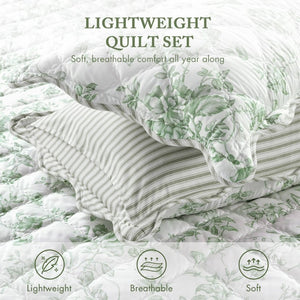 English Elm 4 Piece King Quilt Set Vintage Floral Scalloped Edge Microfiber Bedroom Bedding Green B035P529064