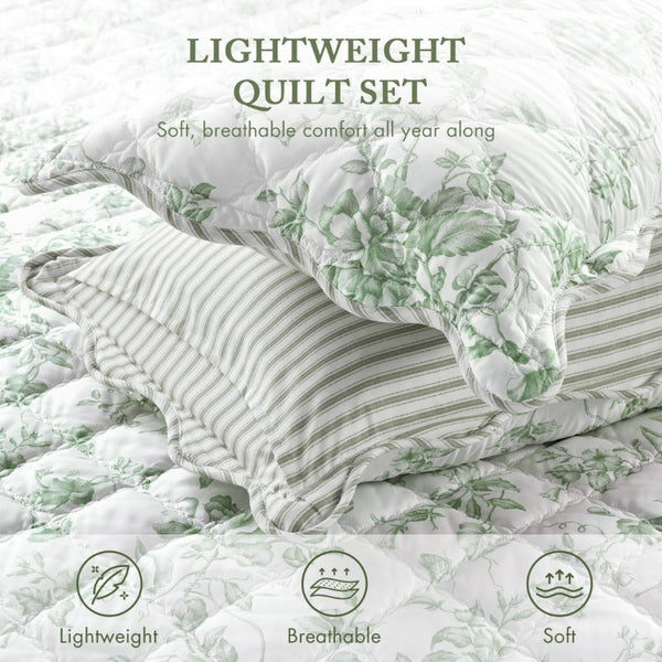 English Elm 4 Piece King Quilt Set Vintage Floral Scalloped Edge Microfiber Bedroom Bedding Green B035P529064
