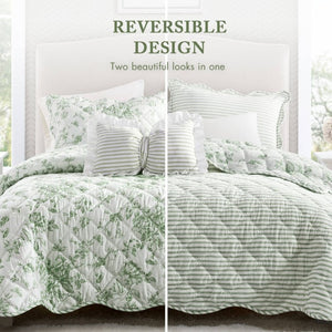 English Elm 4 Piece King Quilt Set Vintage Floral Scalloped Edge Microfiber Bedroom Bedding Green B035P529064