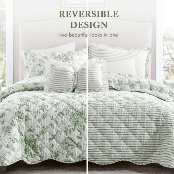 English Elm 4 Piece King Quilt Set Vintage Floral Scalloped Edge Microfiber Bedroom Bedding Green B035P529064