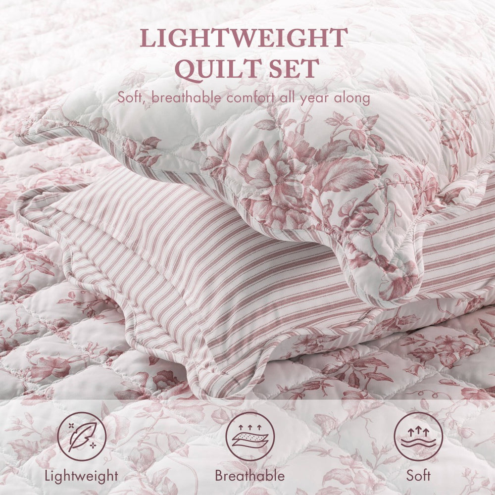 English Elm 4 Piece Reversible Floral Microfiber Quilt Set with Scalloped Edges Vintage Cottagecore Pink B035P529066