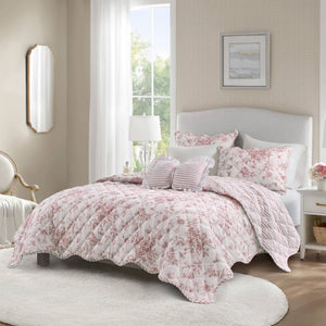English Elm 4 Piece King Quilt Set Vintage Floral Scalloped Edge Microfiber Bedroom Bedding Pink B035P529067