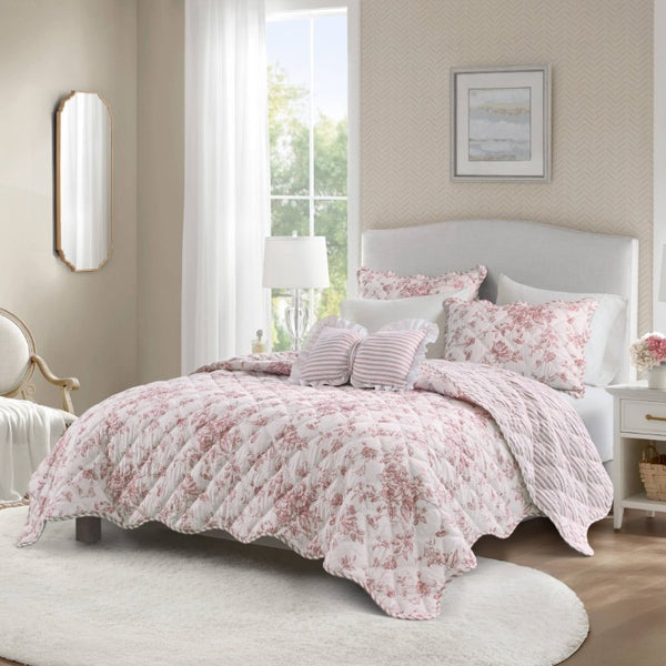 English Elm 4 Piece King Quilt Set Vintage Floral Scalloped Edge Microfiber Bedroom Bedding Pink B035P529067