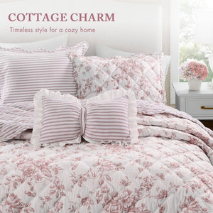 English Elm 4 Piece King Quilt Set Vintage Floral Scalloped Edge Microfiber Bedroom Bedding Pink B035P529067