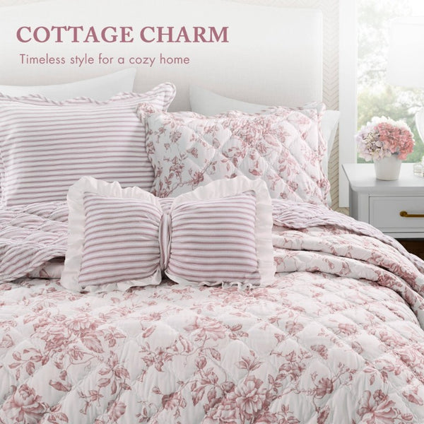 English Elm 4 Piece King Quilt Set Vintage Floral Scalloped Edge Microfiber Bedroom Bedding Pink B035P529067