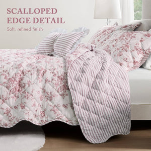 English Elm 4 Piece King Quilt Set Vintage Floral Scalloped Edge Microfiber Bedroom Bedding Pink B035P529067