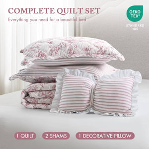 English Elm 4 Piece King Quilt Set Vintage Floral Scalloped Edge Microfiber Bedroom Bedding Pink B035P529067