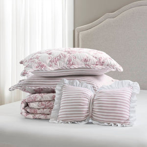 English Elm 4 Piece King Quilt Set Vintage Floral Scalloped Edge Microfiber Bedroom Bedding Pink B035P529067