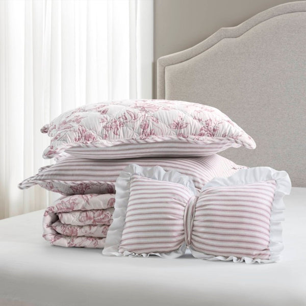 English Elm 4 Piece King Quilt Set Vintage Floral Scalloped Edge Microfiber Bedroom Bedding Pink B035P529067