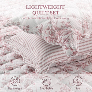 English Elm 4 Piece King Quilt Set Vintage Floral Scalloped Edge Microfiber Bedroom Bedding Pink B035P529067