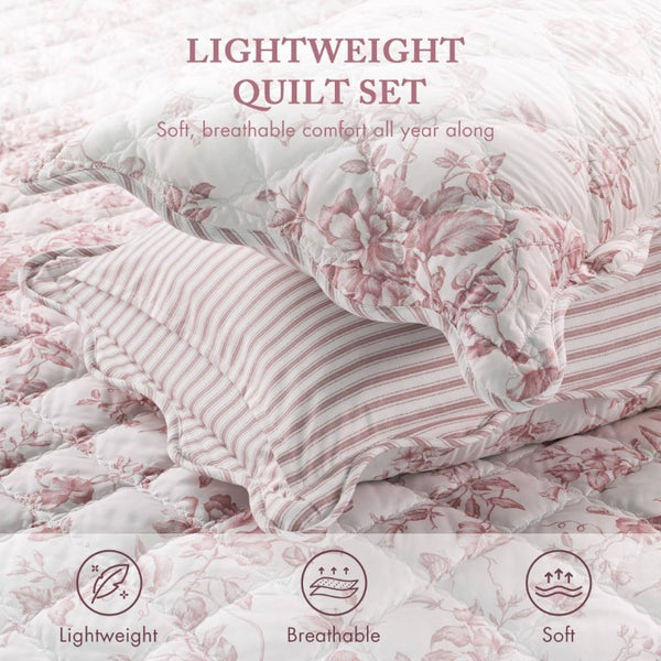 English Elm 4 Piece King Quilt Set Vintage Floral Scalloped Edge Microfiber Bedroom Bedding Pink B035P529067
