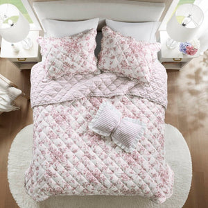English Elm 4 Piece King Quilt Set Vintage Floral Scalloped Edge Microfiber Bedroom Bedding Pink B035P529067