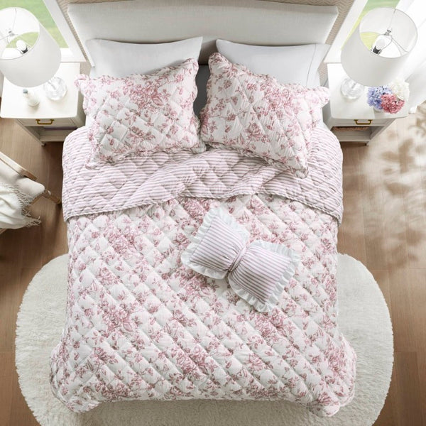 English Elm 4 Piece King Quilt Set Vintage Floral Scalloped Edge Microfiber Bedroom Bedding Pink B035P529067