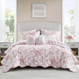 English Elm 4 Piece King Quilt Set Vintage Floral Scalloped Edge Microfiber Bedroom Bedding Pink B035P529067