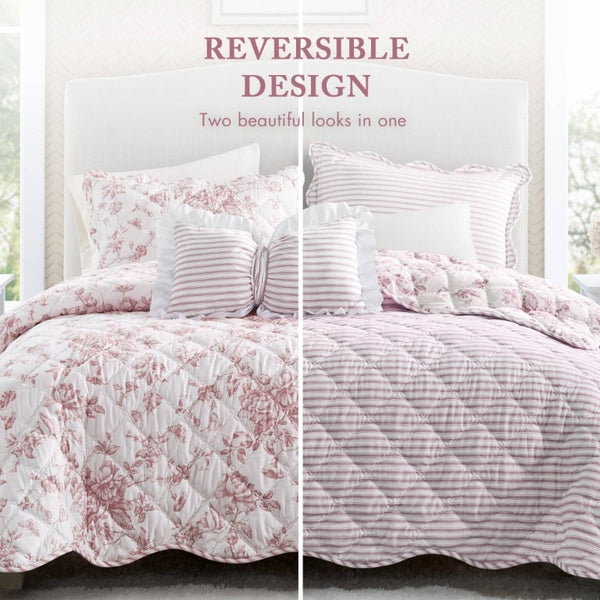 English Elm 4 Piece King Quilt Set Vintage Floral Scalloped Edge Microfiber Bedroom Bedding Pink B035P529067
