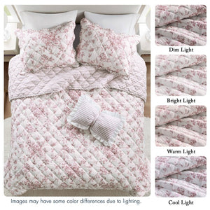 English Elm 4 Piece King Quilt Set Vintage Floral Scalloped Edge Microfiber Bedroom Bedding Pink B035P529067