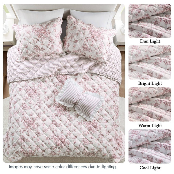 English Elm 4 Piece King Quilt Set Vintage Floral Scalloped Edge Microfiber Bedroom Bedding Pink B035P529067