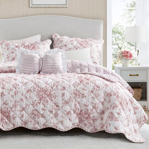 English Elm 4 Piece King Quilt Set Vintage Floral Scalloped Edge Microfiber Bedroom Bedding Pink B035P529067