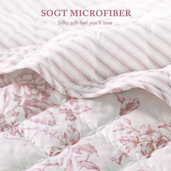 English Elm 4 Piece King Quilt Set Vintage Floral Scalloped Edge Microfiber Bedroom Bedding Pink B035P529067