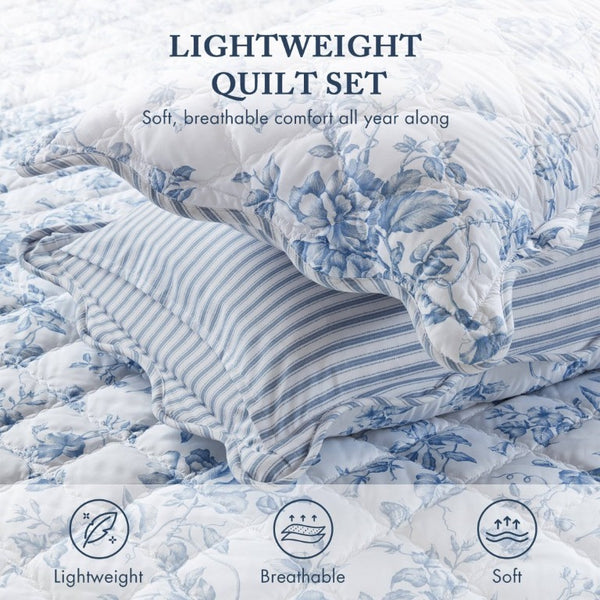 English Elm 4 Piece King Quilt Set Vintage Floral Scalloped Edge Microfiber Bedroom Bedding Blue B035P529070
