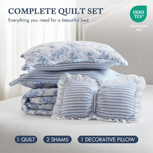 English Elm 4 Piece King Quilt Set Vintage Floral Scalloped Edge Microfiber Bedroom Bedding Blue B035P529070