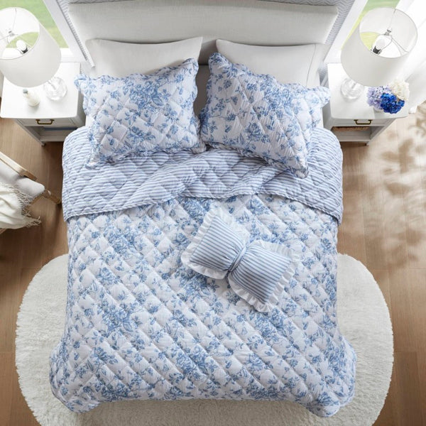 English Elm 4 Piece King Quilt Set Vintage Floral Scalloped Edge Microfiber Bedroom Bedding Blue B035P529070