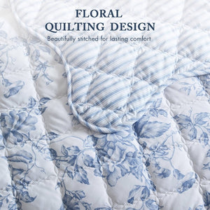 English Elm 4 Piece King Quilt Set Vintage Floral Scalloped Edge Microfiber Bedroom Bedding Blue B035P529070