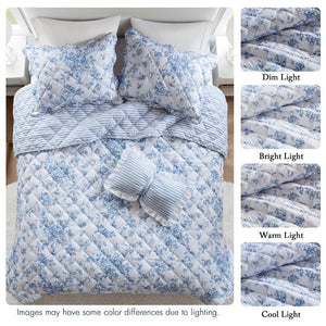 English Elm 4 Piece King Quilt Set Vintage Floral Scalloped Edge Microfiber Bedroom Bedding Blue B035P529070