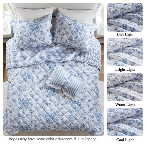 English Elm 4 Piece King Quilt Set Vintage Floral Scalloped Edge Microfiber Bedroom Bedding Blue B035P529070