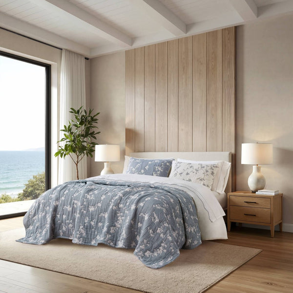 English Elm 3 Piece Jacquard Cotton Gauze Quilt Set Breathable Textured Bedding for Layered Bedroom Blue B035P529077