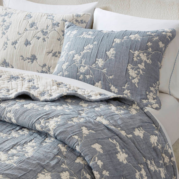 English Elm 3 Piece Jacquard Cotton Gauze Quilt Set Breathable Textured Bedding for Layered Bedroom Blue B035P529077