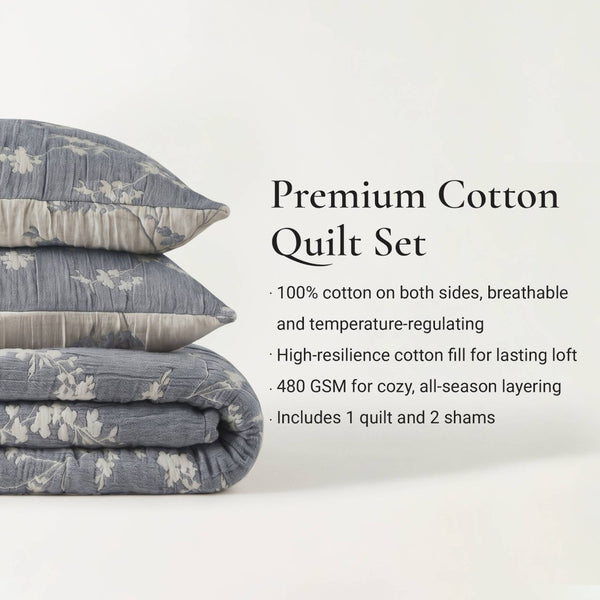 English Elm 3 Piece Jacquard Cotton Gauze Quilt Set Breathable Textured Bedding for Layered Bedroom Blue B035P529077