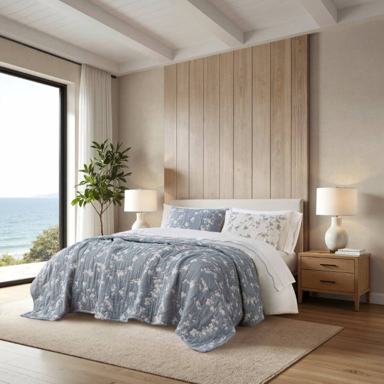 English Elm 3 Piece King Jacquard Cotton Gauze Quilt Set Breathable 480GSM All Season Warmth Blue B035P529078