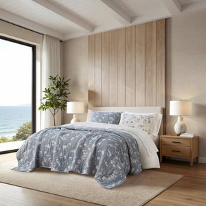 English Elm 3 Piece King Jacquard Cotton Gauze Quilt Set Breathable 480GSM All Season Warmth Blue B035P529078