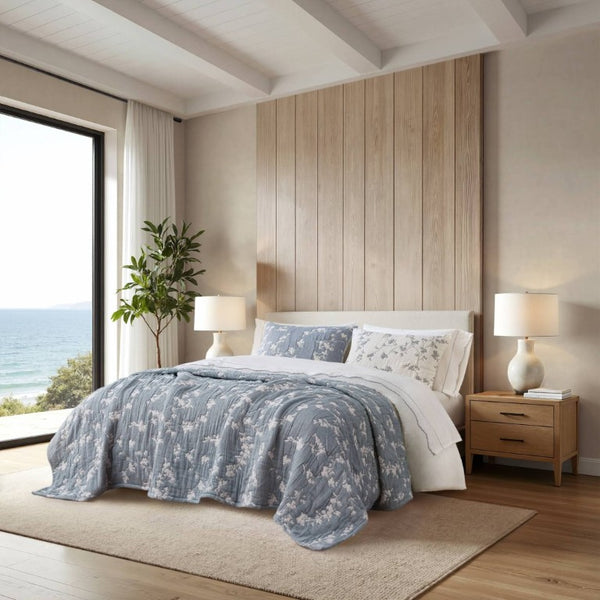 English Elm 3 Piece King Jacquard Cotton Gauze Quilt Set Breathable 480GSM All Season Warmth Blue B035P529078