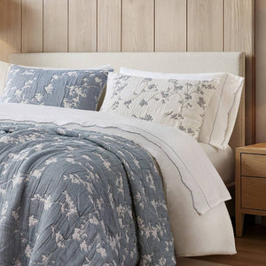 English Elm 3 Piece King Jacquard Cotton Gauze Quilt Set Breathable 480GSM All Season Warmth Blue B035P529078