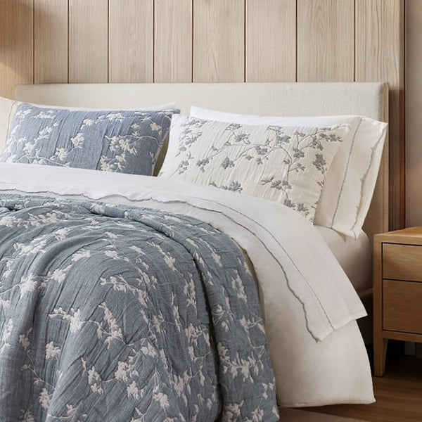 English Elm 3 Piece King Jacquard Cotton Gauze Quilt Set Breathable 480GSM All Season Warmth Blue B035P529078