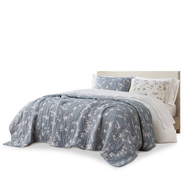 English Elm 3 Piece King Jacquard Cotton Gauze Quilt Set Breathable 480GSM All Season Warmth Blue B035P529078
