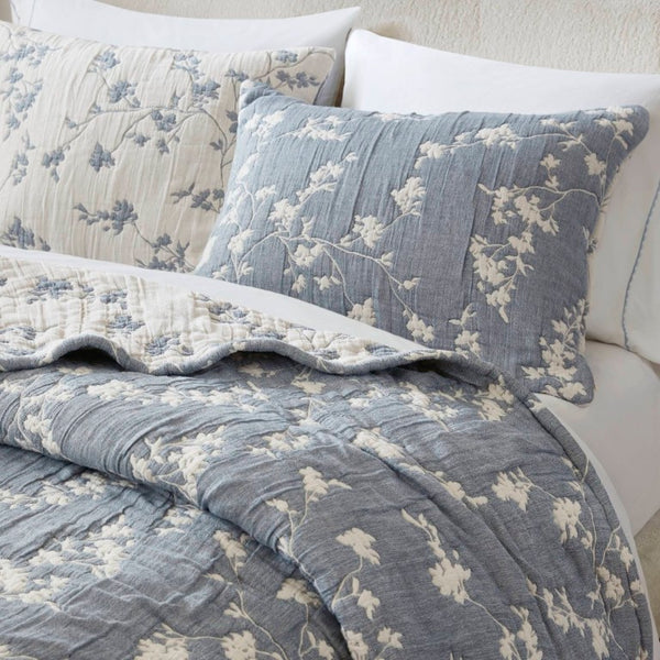 English Elm 3 Piece King Jacquard Cotton Gauze Quilt Set Breathable 480GSM All Season Warmth Blue B035P529078
