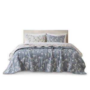 English Elm 3 Piece King Jacquard Cotton Gauze Quilt Set Breathable 480GSM All Season Warmth Blue B035P529078