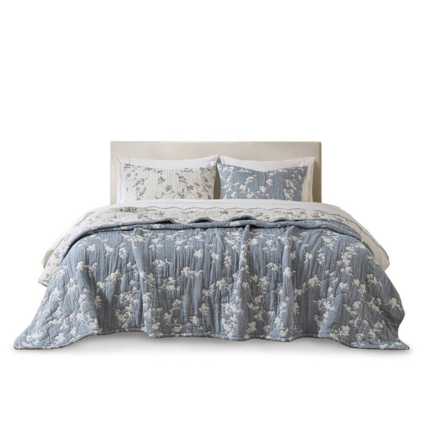 English Elm 3 Piece King Jacquard Cotton Gauze Quilt Set Breathable 480GSM All Season Warmth Blue B035P529078