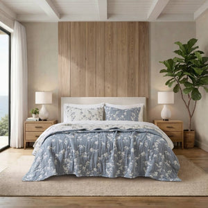English Elm 3 Piece King Jacquard Cotton Gauze Quilt Set Breathable 480GSM All Season Warmth Blue B035P529078