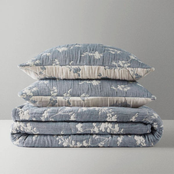 English Elm 3 Piece King Jacquard Cotton Gauze Quilt Set Breathable 480GSM All Season Warmth Blue B035P529078