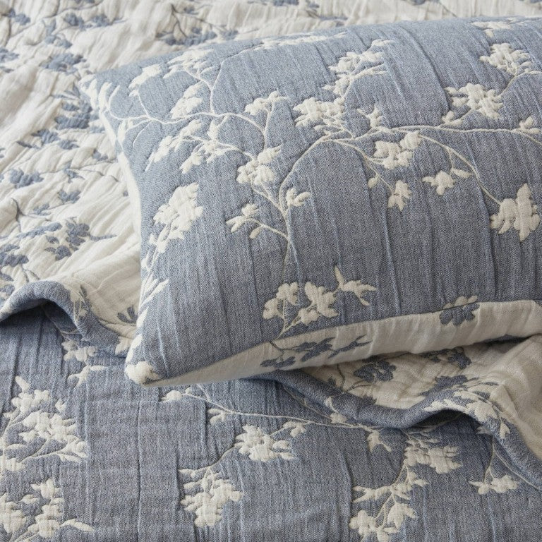 English Elm 3 Piece King Jacquard Cotton Gauze Quilt Set Breathable 480GSM All Season Warmth Blue B035P529078