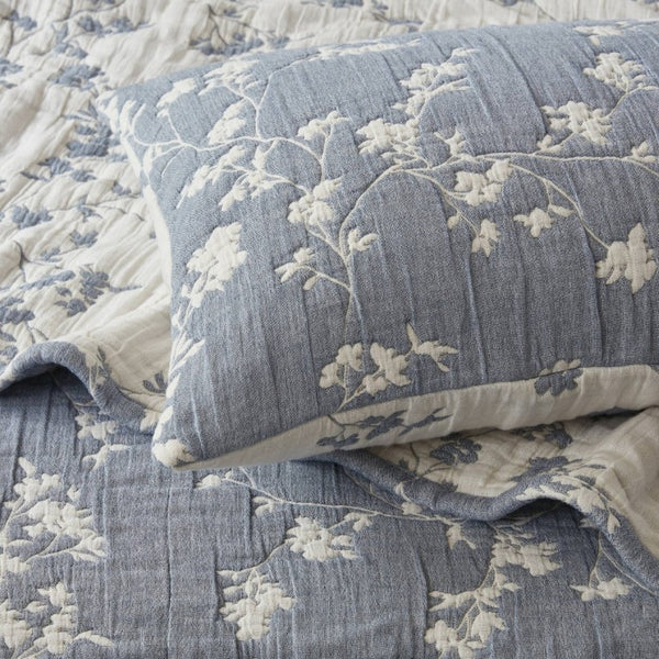 English Elm 3 Piece King Jacquard Cotton Gauze Quilt Set Breathable 480GSM All Season Warmth Blue B035P529078