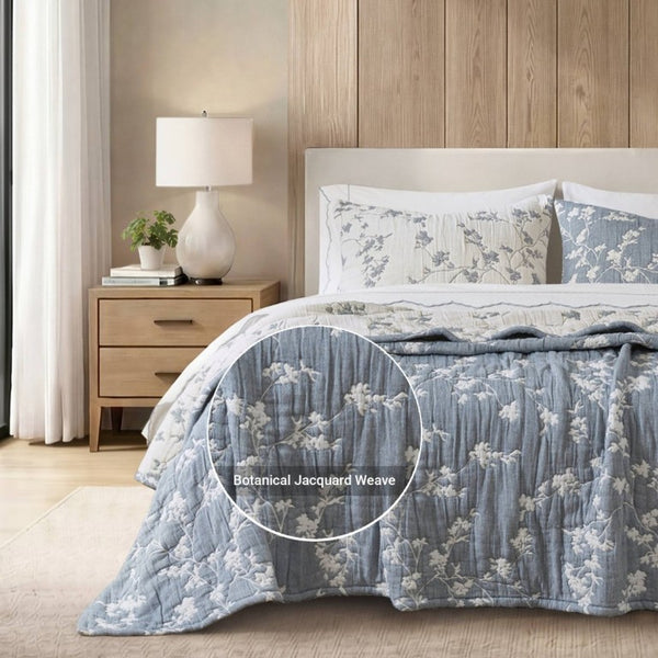 English Elm 3 Piece King Jacquard Cotton Gauze Quilt Set Breathable 480GSM All Season Warmth Blue B035P529078