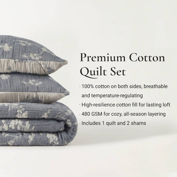 English Elm 3 Piece King Jacquard Cotton Gauze Quilt Set Breathable 480GSM All Season Warmth Blue B035P529078