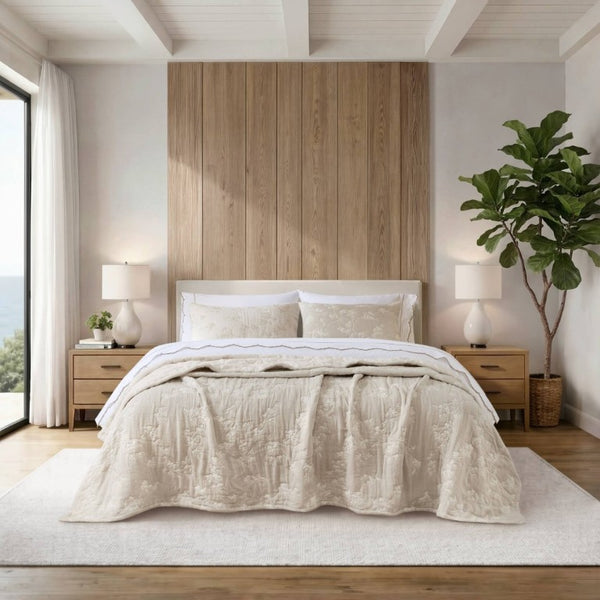 English Elm 3 Piece King Jacquard Cotton Gauze Quilt Set Breathable 480GSM All Season Warmth Linen B035P529080
