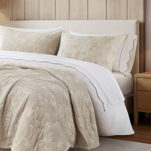 English Elm 3 Piece King Jacquard Cotton Gauze Quilt Set Breathable 480GSM All Season Warmth Linen B035P529080